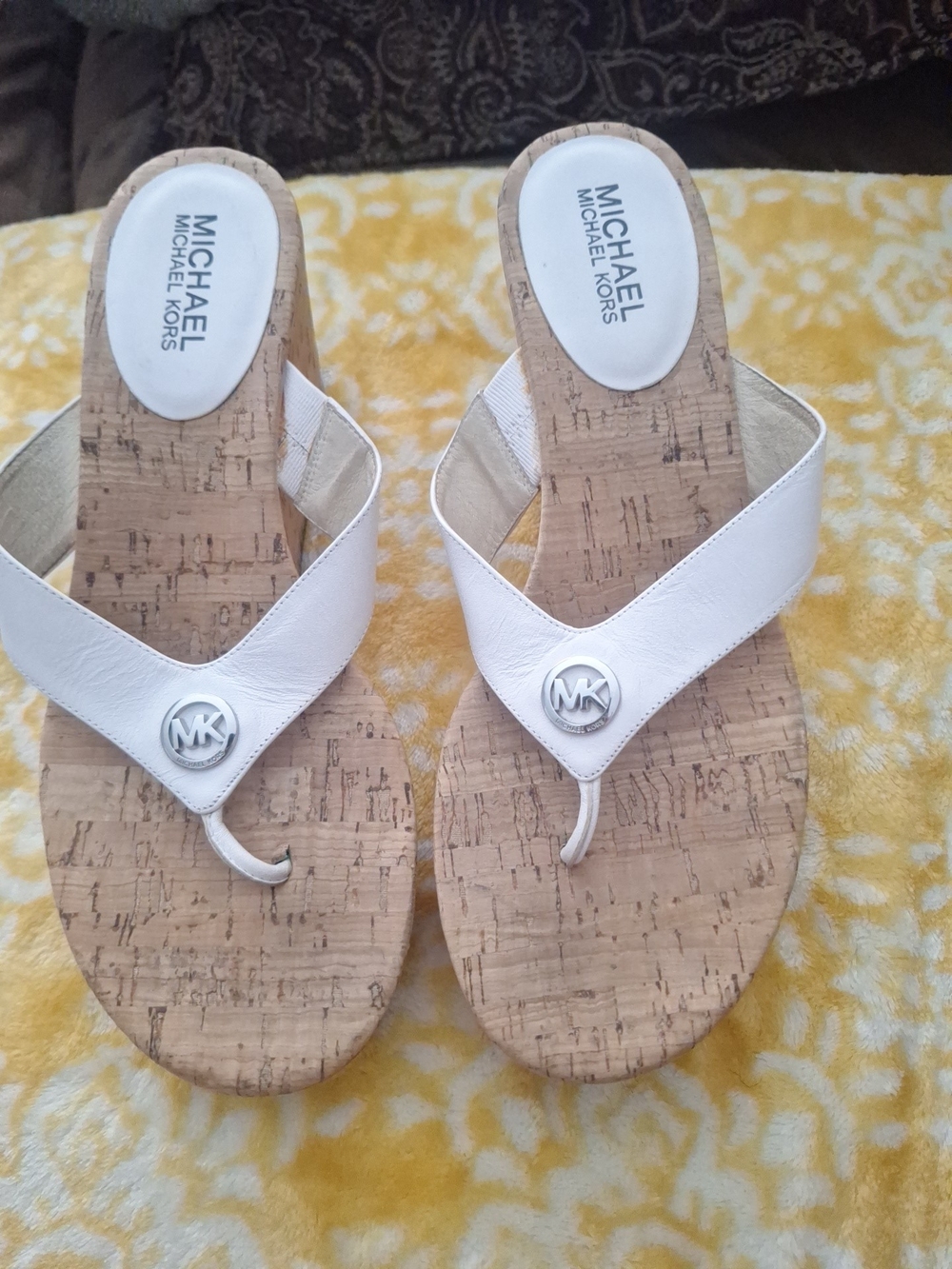 Michael Kors White Cork Thong Sandals with MK Logo